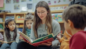 high school kids reading to younger kids